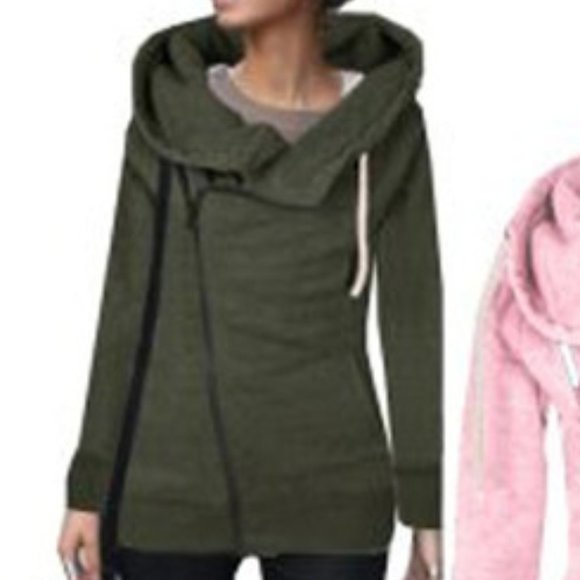 Sweaters - Hooded Side Zippered Sweatshirt- Green L